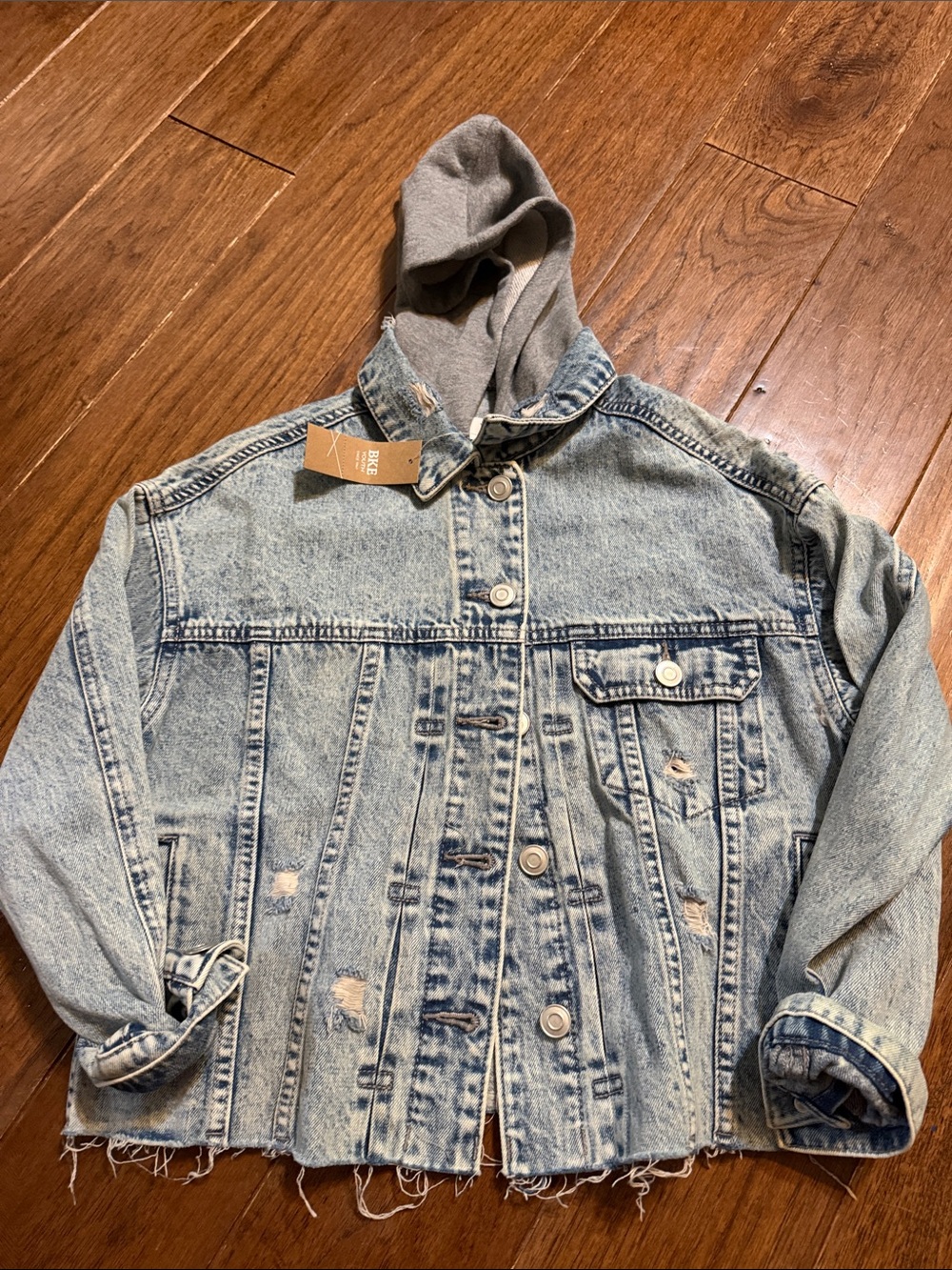 BKE Light Blue Distressed Denim Jacket with Gray Hood